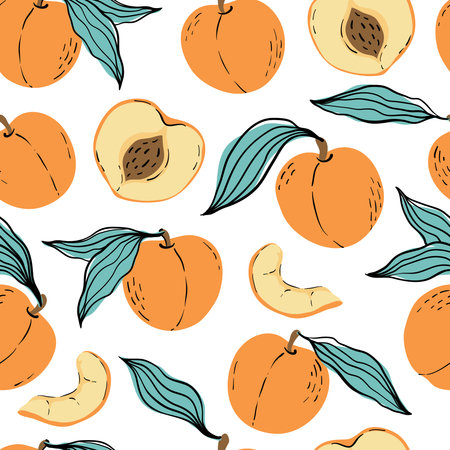 Seamless pattern with orange peaches and peach slices. Hand drawn peaches pattern on white...