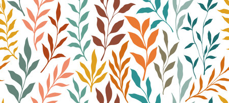 Leaves branch and Hand Drawn doodle Scribble floral plants banner. seamless pattern. Creative minimalist Abstract art background. Design wall decoration, postcard, poster or brochureのイラスト素材