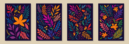 Creative minimalist hand draw Abstract art background. vintage yellow, orange leaves sketch on purple background. design background greeting cards and invitations to the seasonal autumn holidaysのイラスト素材