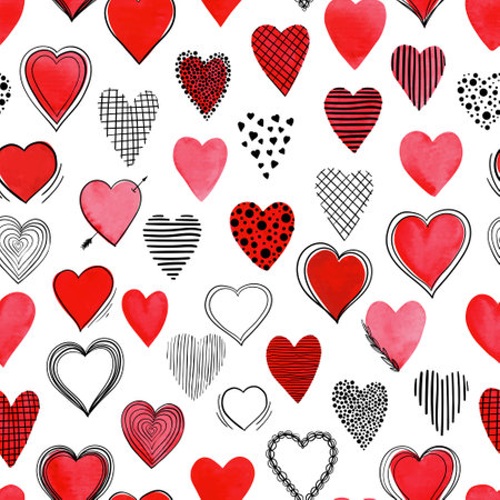 Beautiful Seamless pattern with red watercolor hearts with doodle sketch heart. design for holiday greeting card and invitation of the wedding, Valentine's day and Happy love day.のイラスト素材