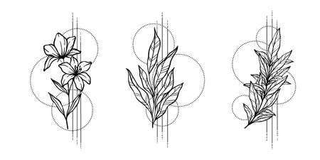 Vector illustration of black and white leaves, branch, flower, sacral geometric simbols isolated on white background. Mystical totem simbol. Hand drawn picture for tattoo, coloring book.のイラスト素材