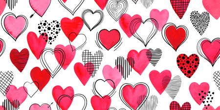 Beautiful Seamless pattern with red watercolor hearts with doodle sketch heart. design for holiday...