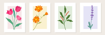 Set of trendy vintage wall prints with flowers, leaves, shapes. Modern aesthetic illustrations. Bohemian style Collection of contemporary artistic Design wall decoration, postcard, poster, brochure.のイラスト素材