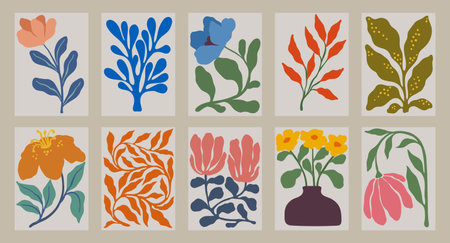 Set of trendy vintage wall prints with flowers, leaves, shapes. Modern aesthetic illustrations. Bohemian style Collection of contemporary artistic Design wall decoration, postcard, poster, brochure.のイラスト素材