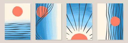 Creative minimalist hand painted Abstract art background with watercolor stain and Hand Drawn doodle Scribble and Line. Design for wall decoration, postcard, poster or brochureのイラスト素材