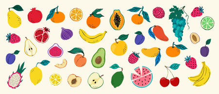 Hand drawn colorful doodle fruits and berries. Trendy abstract minimal style. Natural tropical...