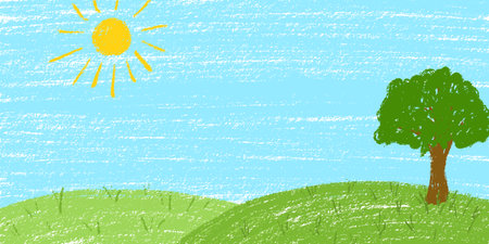 Grass and sky background. Crayon kid landscape with spring field. Vector green grass, flower, blue sky, cloud child wax pastel painting. Spring nature meadow landscape crayon illustration background.のイラスト素材