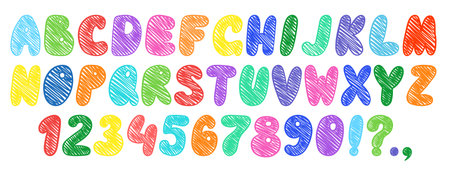 Crayon kids font, doodle funny playful alphabet. Hand drawn scribble kid typescript numbers. School wax crayon abc cute kindergarten handwriting playful letters. Colorful English alphabet and numbersのイラスト素材