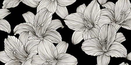 Luxury background with lily flowers  pattern. Hand drawn botanical elegant black and white lily flower in line art style. Vector card, wedding invitation, wallpaper, coverのイラスト素材