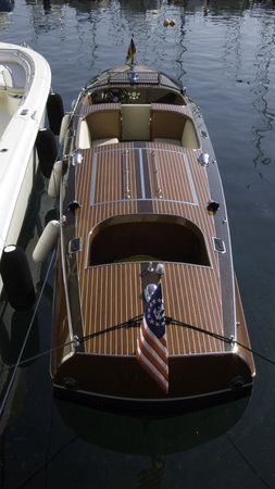 American hand build classic wooden speed boatの写真素材