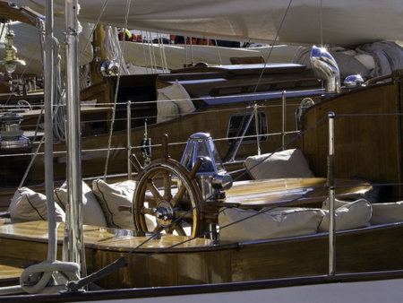 Classic sailing yacht steering wheel and controls