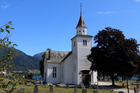 beautiful white church in Ulvik Norwayのeditorial素材