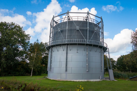 Complete renovated gas holder in the Dedemsvaart province of Overijssel, was a gas storage in use in the first half of the twentieth century as a light gas supply for industry and household.の写真素材