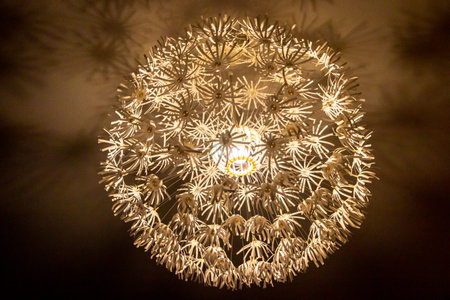 Stylish white ceiling light with beautiful shadows on the ceiling