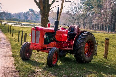 Old red vintage tractor on the land in the beautiful landscape of Drenthe near Havelteの写真素材