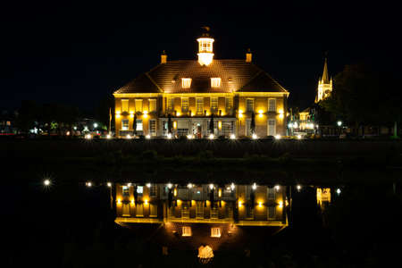 Night photo of the tourist town of Ommen on the river Vecht in the province of Overijssel, the Netherlandsのeditorial素材