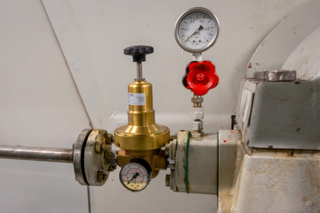 An old industrial manually adjustable pressure regulator, intended to set the pressure to a fixed...