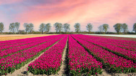 Tulip field in spring, known worldwide for the beautiful colors on the land, province of Flevoland, the Netherlandsの写真素材