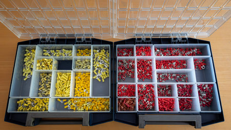 Boxes full of cable connectors and cable lugs in different colors and different sizes, suitable for...