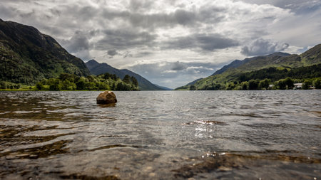 Beautiful scenery on a partly cloudy day at Loch Shiel near the Glenfinnan viaduct in Scotland