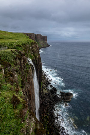 Viewpoint over the cliff Kilt Rock and the sixty meter high Mealt waterfall. Kilt Rock and the Bay of Bearreraig, Isle of Skye in Scotlandの写真素材