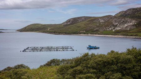Salmon farm in the round basins and a blue fishing boat on the northwest coast of beautiful Scotland