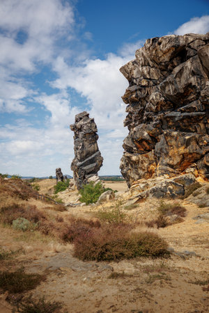 The Teufelsmauer (Devil's Wall) is a rock formation made of hard sandstones of the Upper Cretaceous in the northern part of the Harz Foreland in central Germanyの写真素材