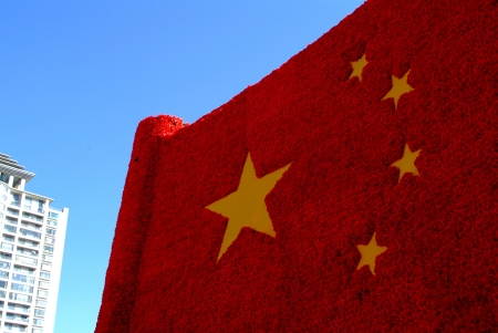 The national flag of China made of red flowerの写真素材