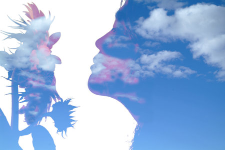 Special effects on girl and sunflowerの写真素材