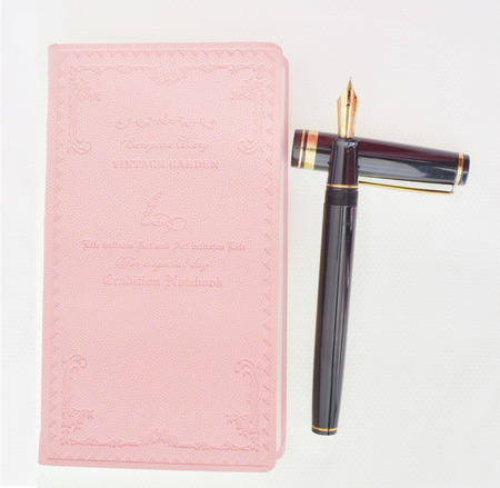 Leather notebook and pen isolated on the whiteのeditorial素材