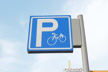 Bike parking sign in cityの写真素材
