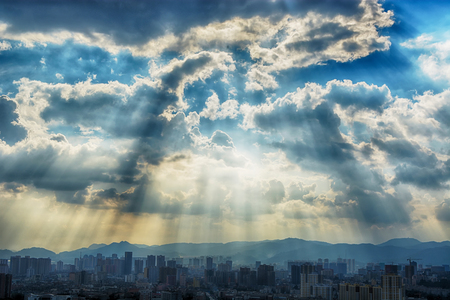 Modern city under sun ray.の写真素材