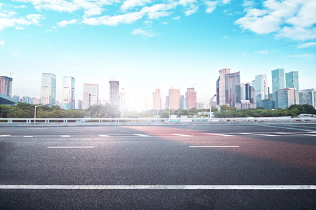 Landscape view of a city and asphalt roadの写真素材