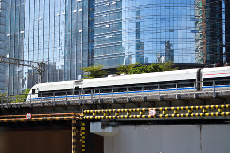 train acrossing the business center city