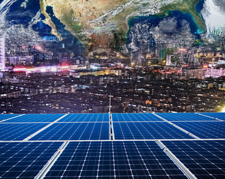 Solar panel and world cityのeditorial素材