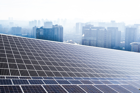 Solar panel in modern cityの写真素材