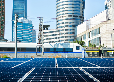 Solar panel in modern cityのeditorial素材