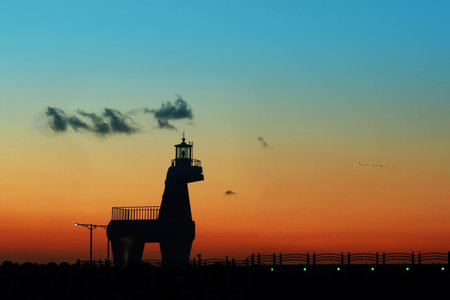 the night view of the wooden lighthouseの写真素材