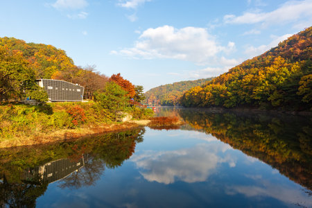 the scenery of the autumnal-colored reservoirの写真素材