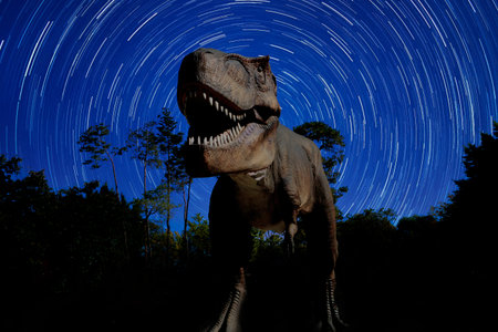 a view of a forest park with dinosaur sculptures