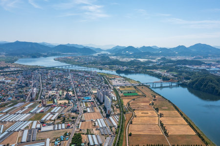 Aerial drone view. Spring scenery of the waterfront parkの写真素材