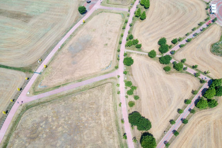 Aerial drone view. Spring scenery of the waterfront park