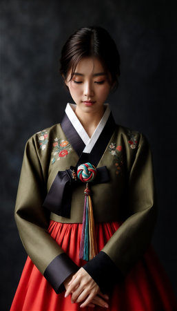 Beautiful young woman posing gracefully in traditional Korean hanbok decorated with delicate embroideryの素材