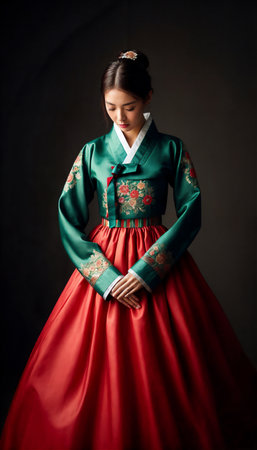 Beautiful young woman posing gracefully in traditional Korean hanbok decorated with delicate embroideryの素材