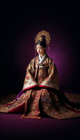 Beautiful young woman posing gracefully in traditional Korean hanbok decorated with delicate embroideryの素材