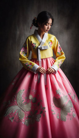 Beautiful young woman posing gracefully in traditional Korean hanbok decorated with delicate embroideryの素材