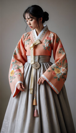 Beautiful young woman posing gracefully in traditional Korean hanbok decorated with delicate embroideryの素材