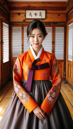 Beautiful young woman posing gracefully in traditional Korean hanbok decorated with delicate embroideryの素材