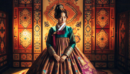 Beautiful young woman posing gracefully in traditional Korean hanbok decorated with delicate embroideryの素材