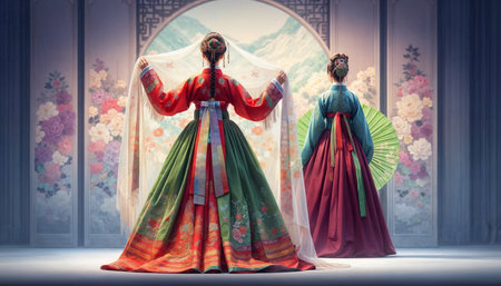 Beautiful young woman posing gracefully in traditional Korean hanbok decorated with delicate embroideryの素材